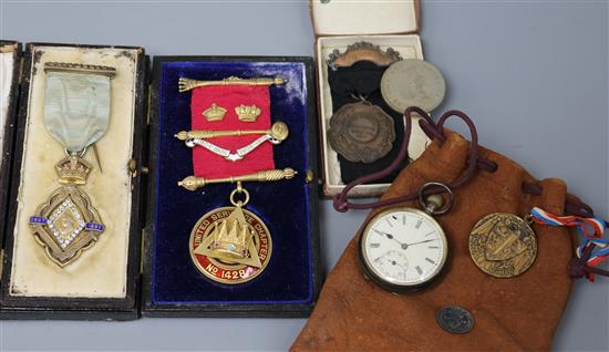 A silver masonic jewel, a Victoria commemorative medal, coinage, watches etc.